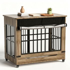 46" Large Dog Crate Furniture, Double Door Wooden Indoor Dog Kennel Furniture (Color: GREIGE)