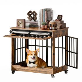 32" Dog Crate Furniture, Double Door Wooden Indoor Dog Kennel Furniture (Color: RUSTIC-BROWN)
